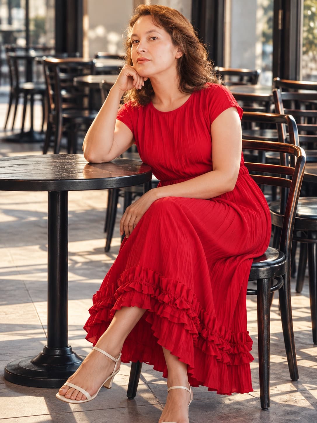 Lena in a red maxi dress with a ruffled hem, seated at a café table with her chin resting on her hand